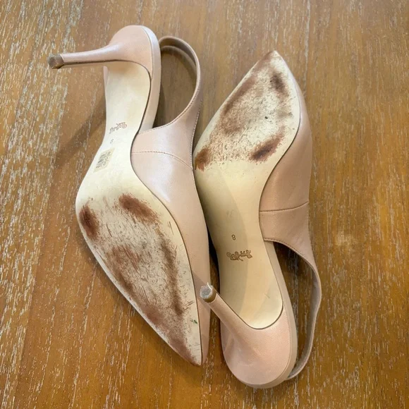 Coach ALLIE Beige Nude Leather Slingback Pump Stiletto Logo On Toe Luxury - Picture 8 of 14